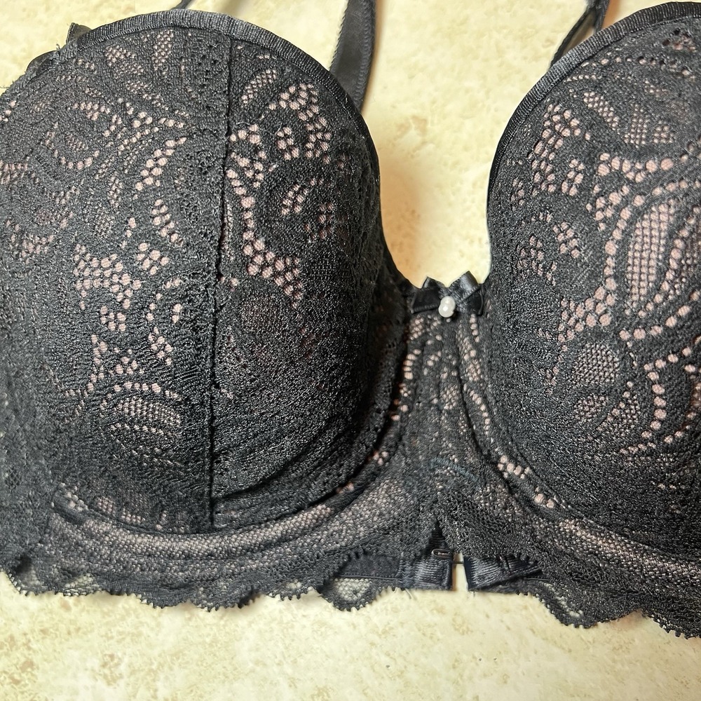 b.Tempted Wacoal Black Lace Bra 34C Floral Underwire Balconette Lined Bow Mesh - Picture 2 of 9